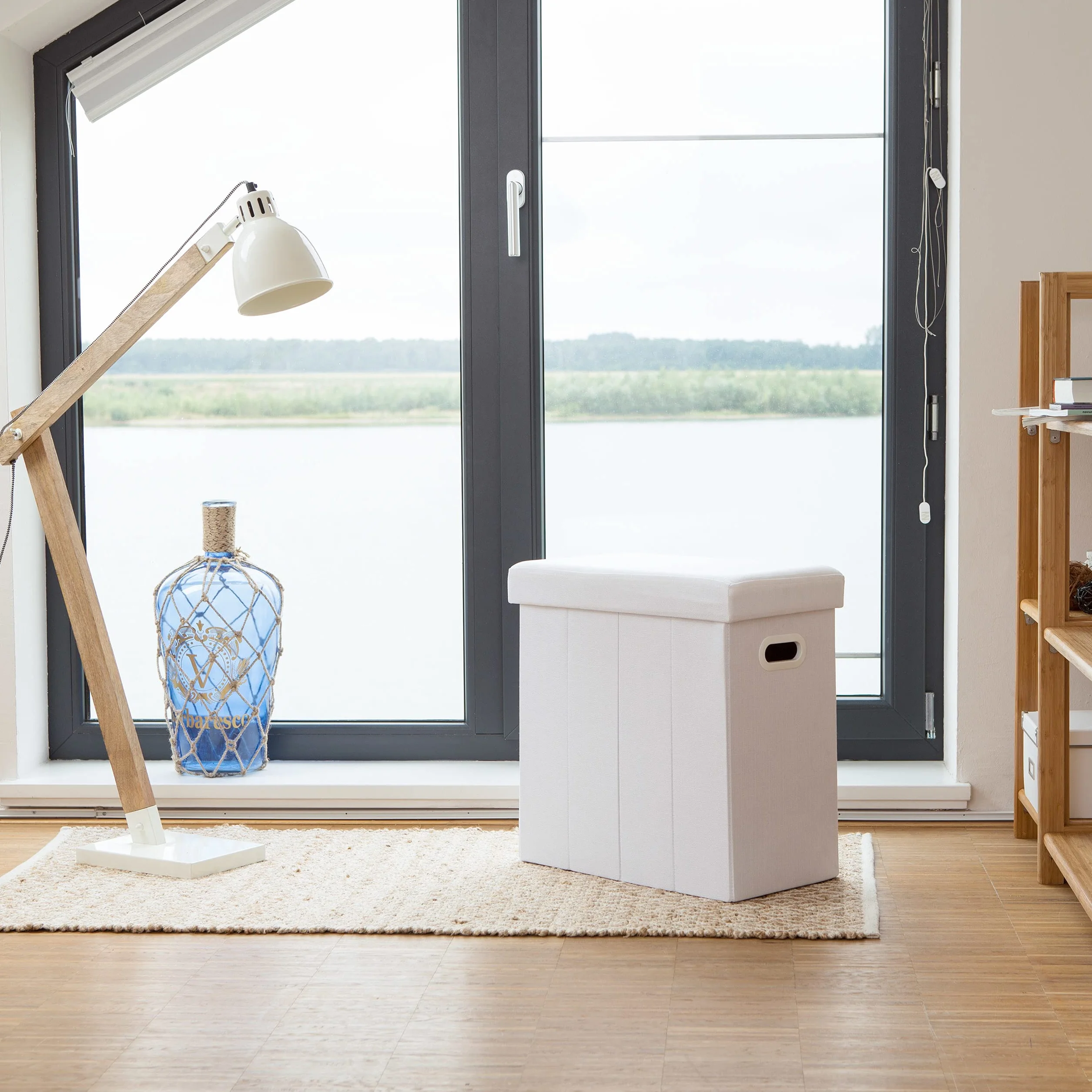 Relaxdays Faltbarer Sitzhocker, HxBxT: 49,5 x 46 x 25,5 cm, mit Stauraum, Griffe, Leinen, Polyester, MDF, dunkelgrau