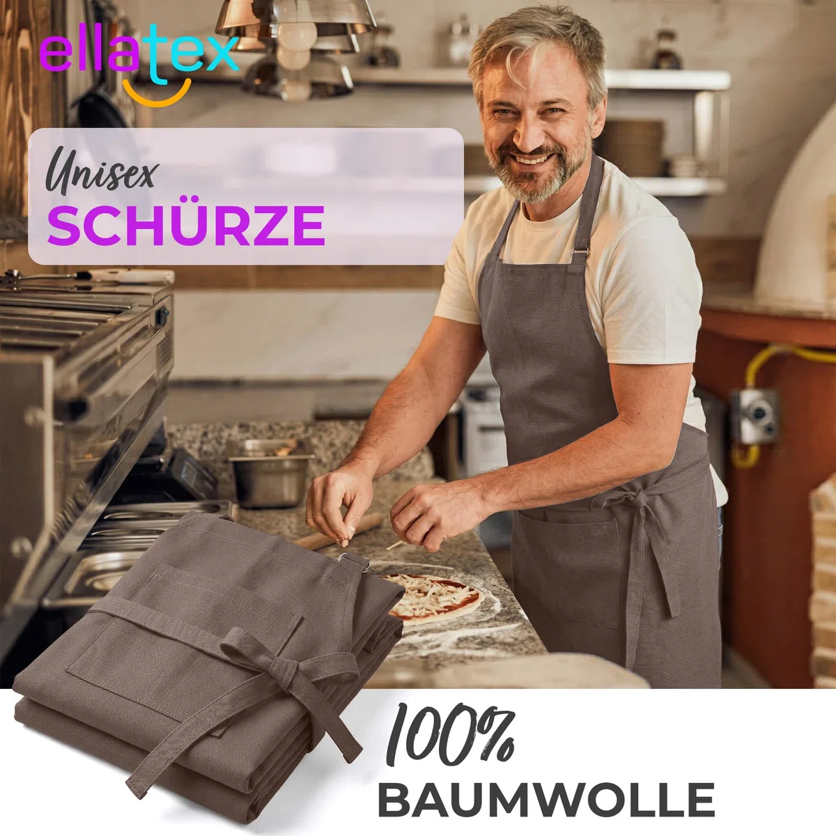 EllaTex Küchenschürze Unisex – Kochschürze 100% Baumwolle, verstellbar, mit Tasche, für Küche, Grill, Gastronomie & Service