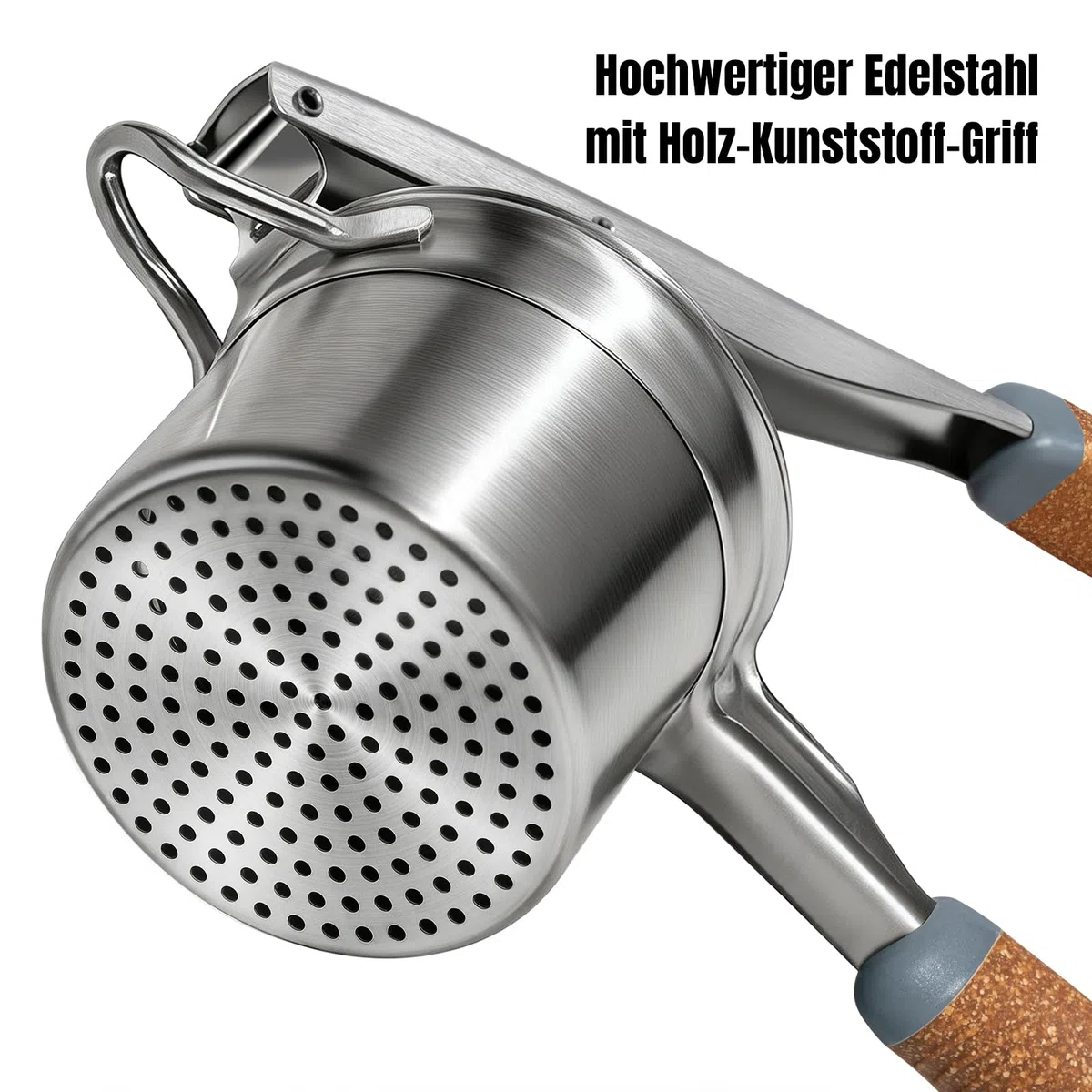 Kartoffelpresse Edelstahl mit fester Scheibe, Robuster Kartoffelstampfer mit Holz-Kunststoff-Griff, Inkl. Keramikschaber, Silikonspatel & Reinigungsbürste für Kartoffelpüree