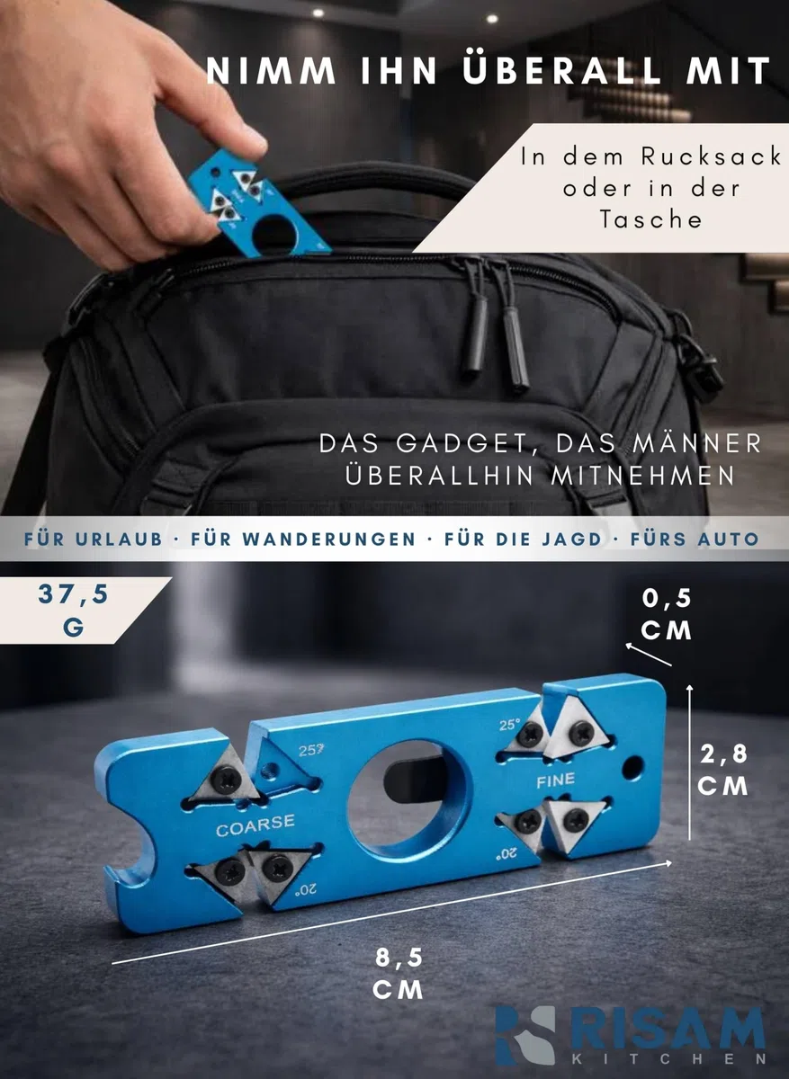 RISAM KITCHEN Messerschärfer klein – 6 in 1 Reise Messerschärfer Profi & Messerschleifer Knife Sharpener – Messer schärfen – 8,5 cm x 2,8 cm x 0,5 cm – 37,5 g – mit Clip & Anhänger