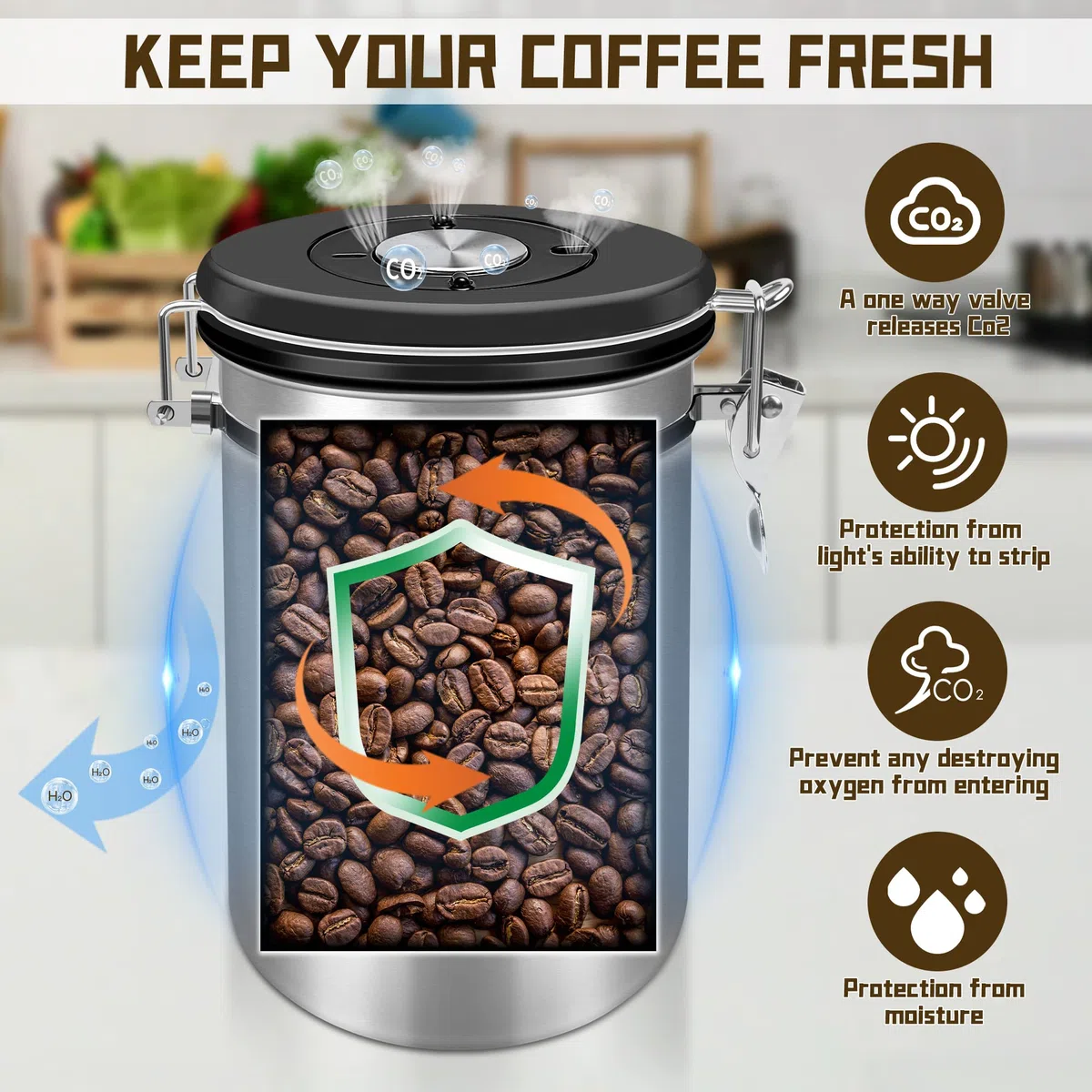 Kaffeedose 500g Bohnen Kaffeedose Luftdicht 1500ml mit Löffel und Kalenderrad, Edelstahl Kaffee Dose Behälter zum Aufbewahren von Kaffeebohnen, Tee, Nüssen, Würze, Kakao usw