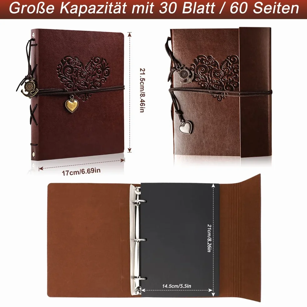 Fotoalbum Lederalbum Selbstgestalten 21,5x17cm, EUBSWA Vintage Fotobuch mit 60 Seiten Scrapbook für 240 Bilder, Hochzeit Gästebuch, Geschenk für Freund (Herz-Klein)