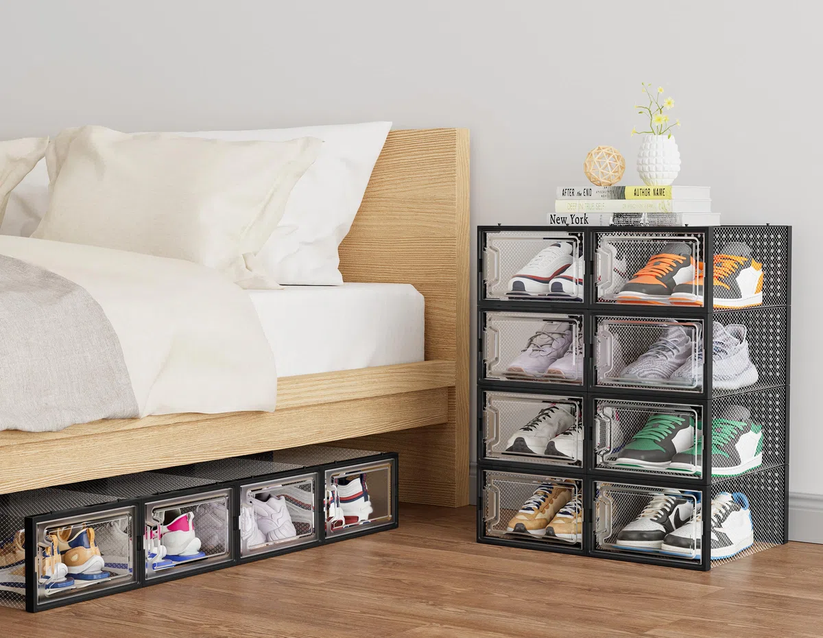 HOMIDEC Schuhboxen, 12er Pack Schuhboxen Stapelbar Transparent, Schuhorganizer Schuhaufbewahrung, Schuhkarton mit Deckel für Schuhe bis Größe 45, Schwarz