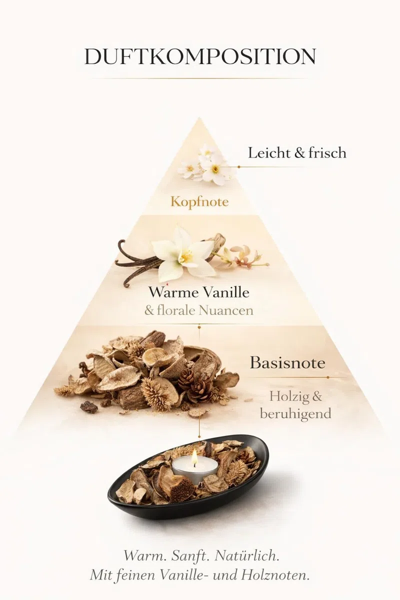 RaumWerk Duft Potpourri Set Vanille mit Schale & 3 Teelichtern – 60g Natürliches Potpourri Duftset – Ovale Dekoschale Schwarz – Raumduft für Wohnzimmer, Badezimmer & Schlafzimmer – Geschenkidee
