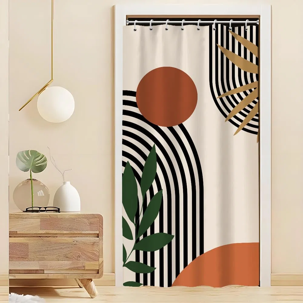 Duschvorhang Terracotta, Duschvorhang 120x200cm Boho Style Orange Abstrakt Kunst Grüne Blätter Duschvorhänge Anti Schimmel Stoff Waschbar Polyester Bad Vorhang mit 8 Haken für Badezimmer