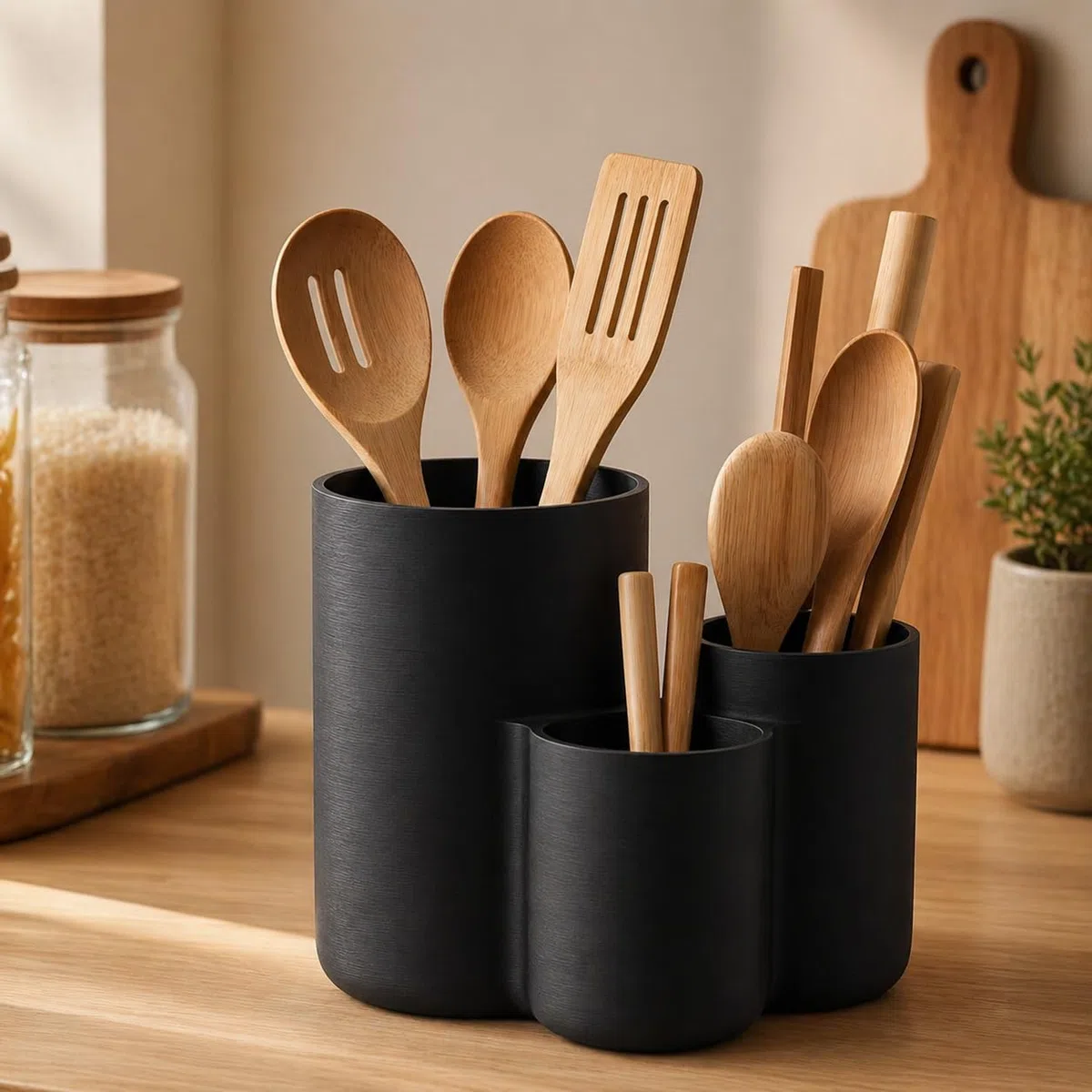 KIVARO™ Modular Küchenutensilienhalter – 3-teiliges Organizer Set für Kochlöffel & Küchenzubehör – Moderner Besteckhalter aus 3D Druck – Platzsparend & Minimalistisches Küchendesign (Schwarz)