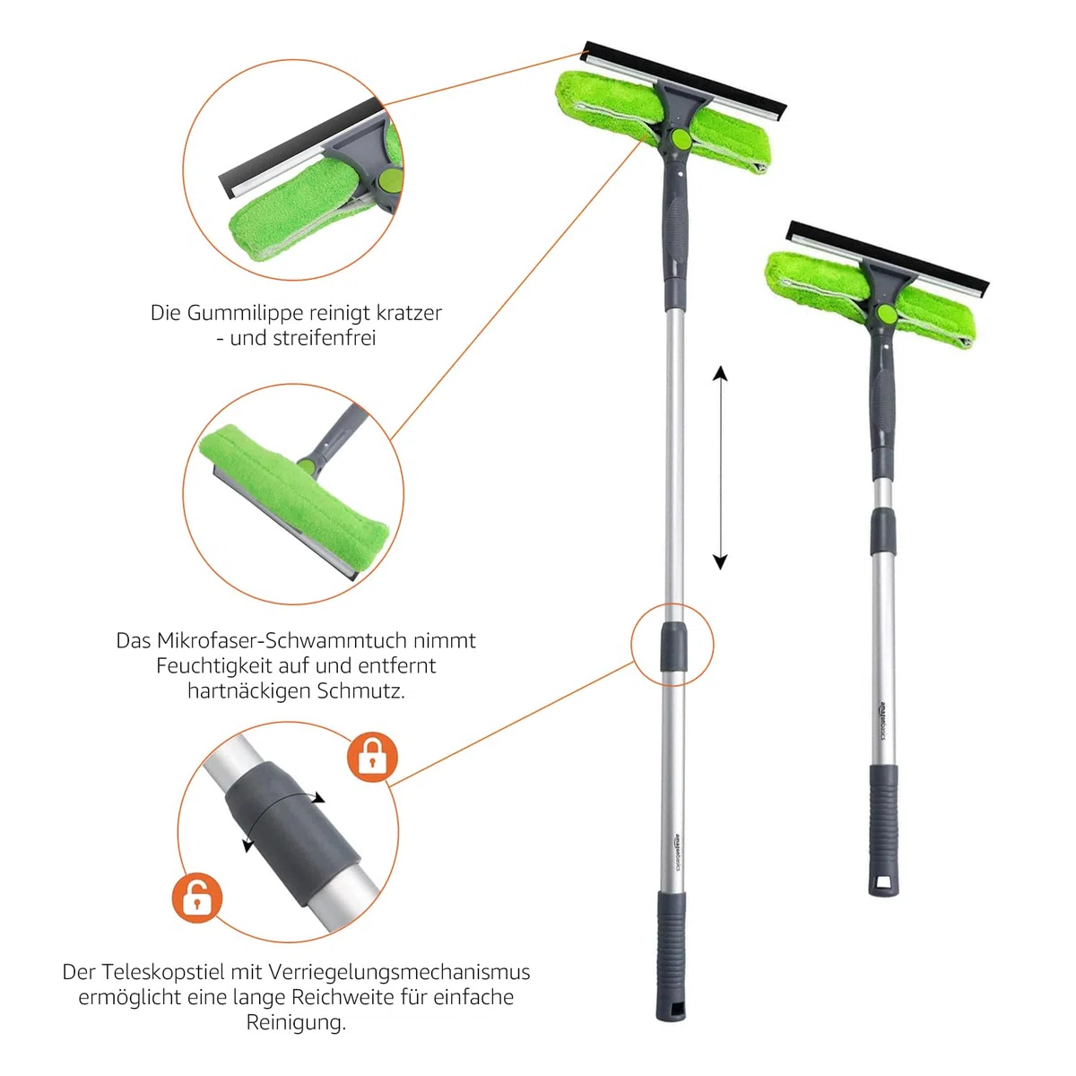 Amazon Basics Ausziehbarer Fensterabzieher mit 180 Grad drehbarem Kopf und Teleskopstange, 66–96,5 cm, perfekt zum Reinigen von Fenstern, Spiegeln, Grün, Silber, Schwarz Fliesen