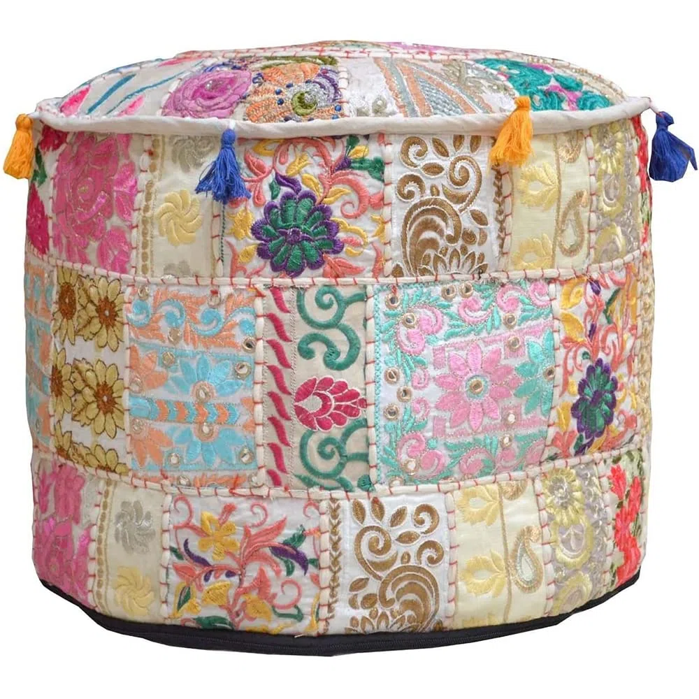 Indischer Pouf Fußhocker, ethnisch, bestickt, Baumwolle, rund, Beige, 56 x 36 cm