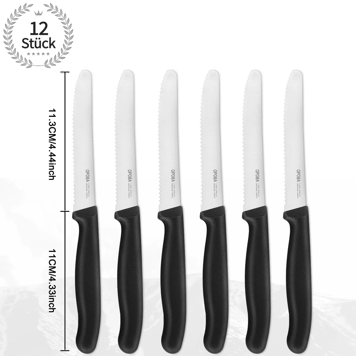 12 Stück Brötchenmesser, schwarz,Wellenschliff Tomatenmesser，Hochwertiger Rostfreier Stahl Frühstücksmesser，Sehr scharfes Tafelmesser,Spülmaschinenfest.