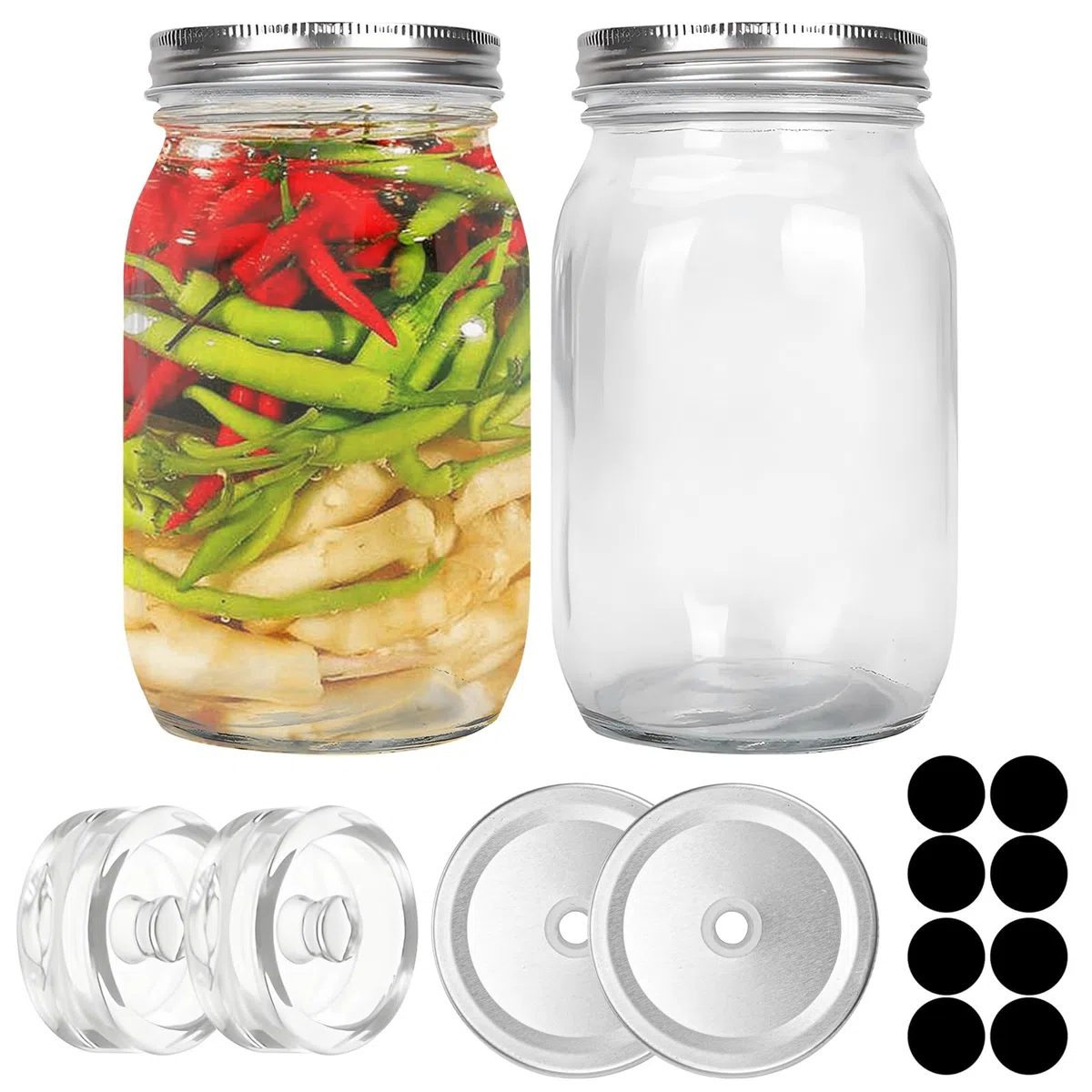 2 Fermentier Set Fermentiergläser 1L mit Fermentiergewichte und Schraubdeckel Gärglas Mason Jars 1 Liter von Kimchi Sauerkraut container Mehrzweck Vorratsgläser mit Deckel