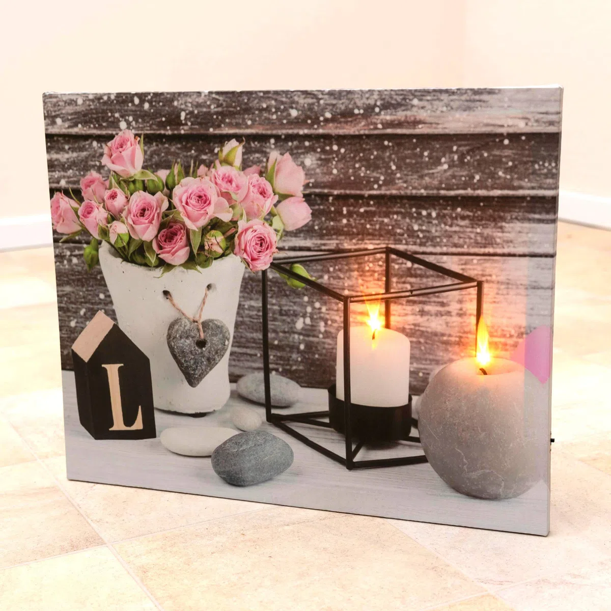 Nexos Trading LED Wandbild mit Beleuchtung Love 40 x 50 cm Kunstdruck Landhaus Vintage-Stil flackernde Kerzen Shabby Chick Hütte