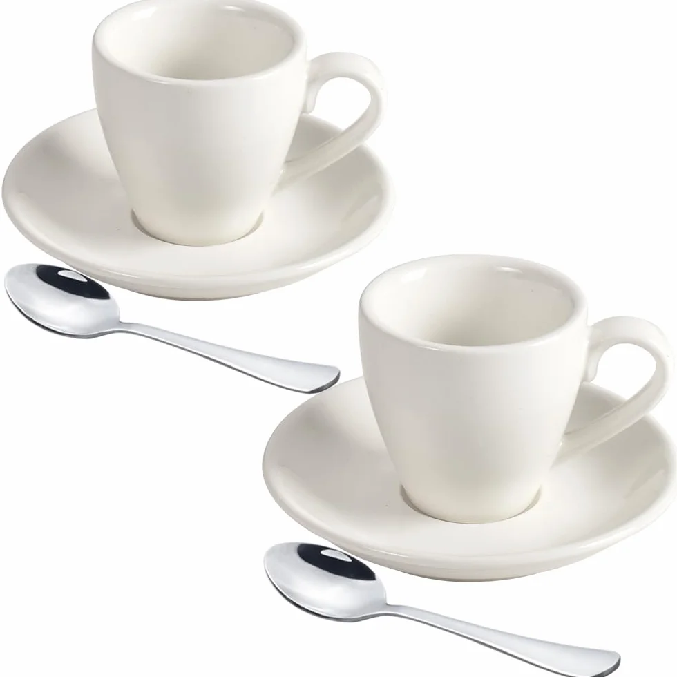 ionEgg Espressotasse aus Porzellan mit Untertasse und Mini-Löffeln aus Edelstahl, Espresso-Schnapsbecher, 80 ml, 2 Stück, Weiß