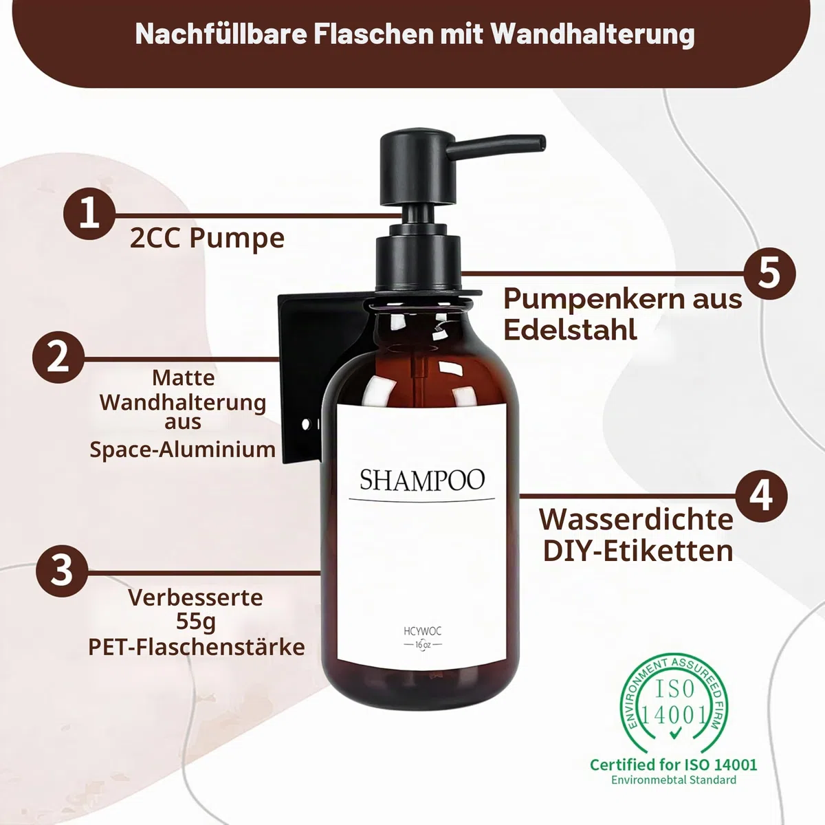 Seifenspender Wandbefestigung, Shampoo Flaschen Zum Befüllen Mit 16 Wasserdichten Etiketten, Spülmittelspender Ohne Bohren, Badezimmer Seifenspender Set, 500ml, 3 Stück, Bernsteinfarben