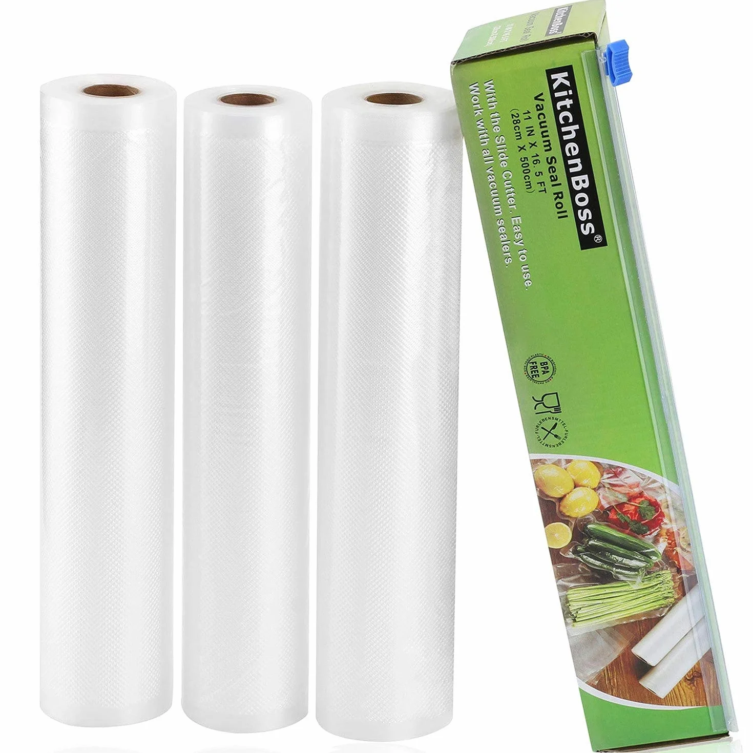 KitchenBoss Vakuumierbeutel Lebensmittel mit Cutter-Box: 3 Rolle 28x500cm Vakuumrollen BPA-Frei Vakuumierfolie fuer Folienschweißgerät Sous Vide Beutel