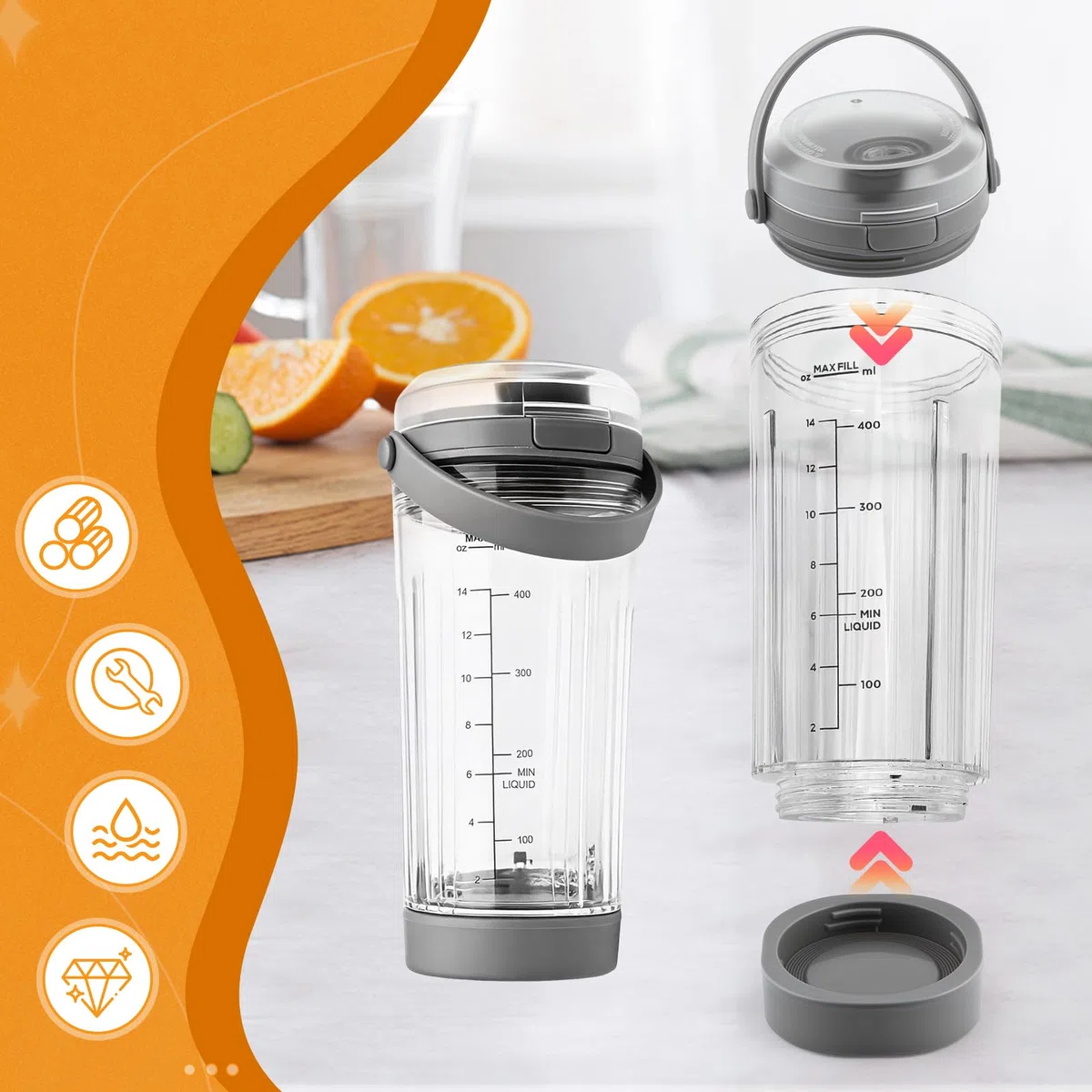 Trinkverschlussdeckel und Behälterverschluss als Ersatz für Ninja Blast BC100 und BC151 Standmixer der Serien, 530ml(grau)