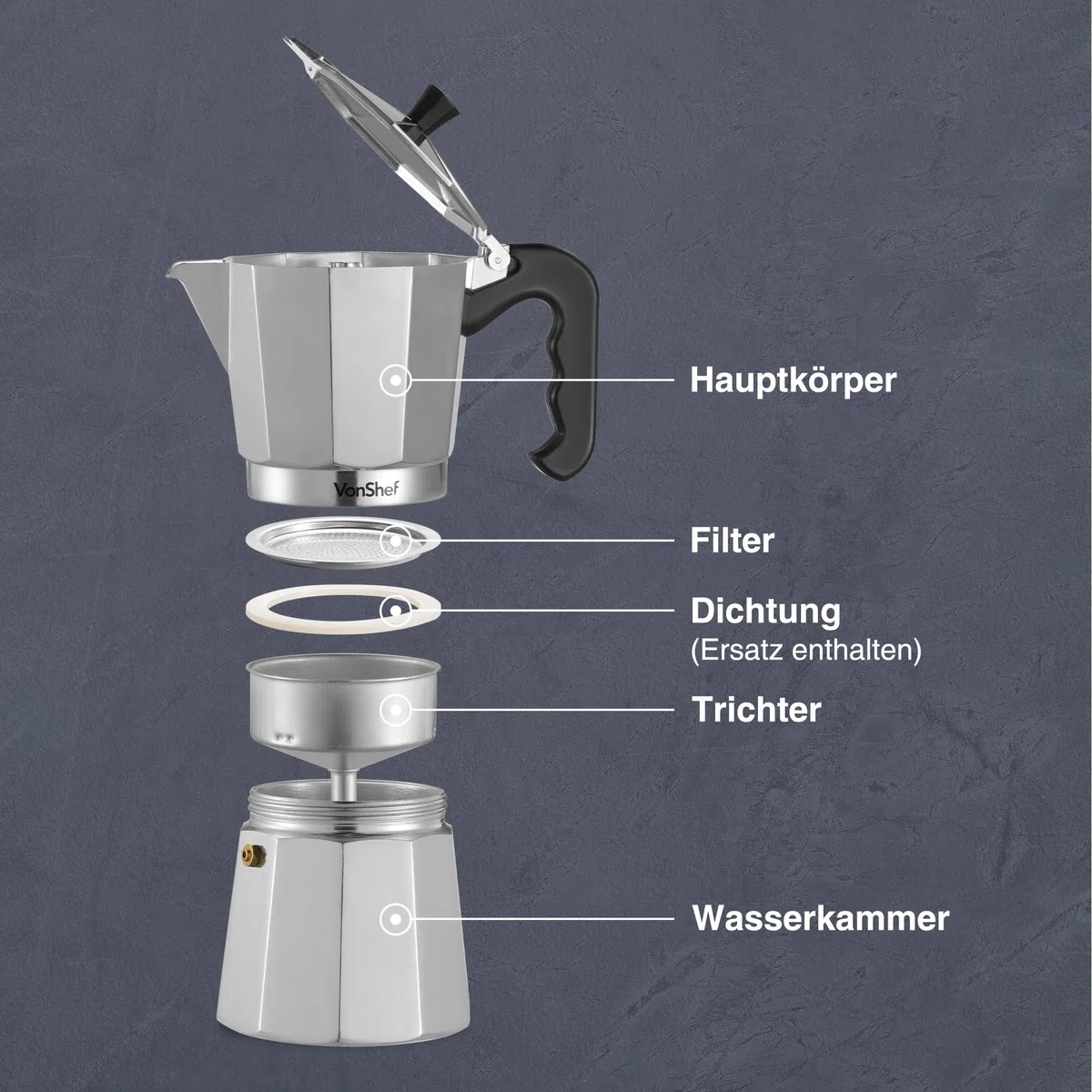 VonShef Espressokocher für den Herd, 300 ml Italienische Kaffeekanne aus Aluminium, Kaffee Kocher für Gas- & Elektroherd - Mokkakanne für 6 Tassen mit Ersatz-Dichtung und -Filter