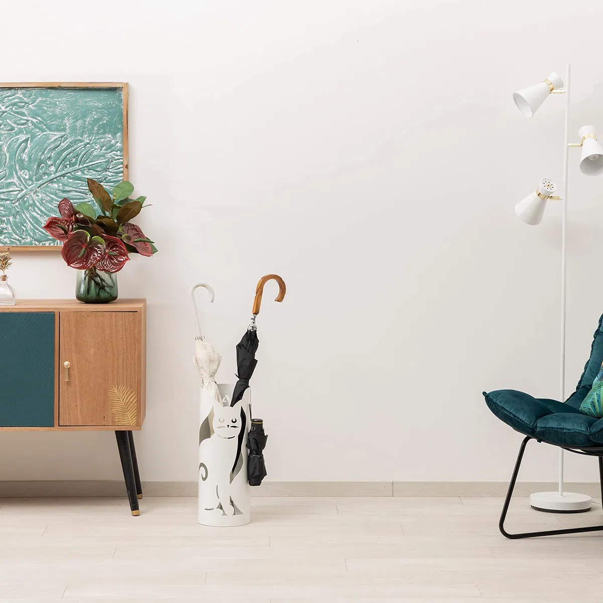 Baroni Home Schirmständer Modernes Design Regenschirmhalter aus Metall mit weißer Katze mit 2 Haken und Abnehmbarer Regenschutz, Ø 18 x 49 cm (Weiß)