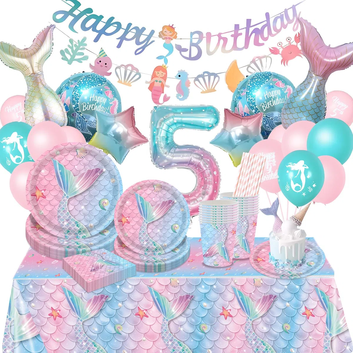 Meerjungfrau Geburtstag Deko, 103 stück Meerjungfrau Partygeschirr Set, 5 Jahre Geburtstagsdeko Mädchen, 5 Jahre Geburtstag Party Geschirr für Kindergeburtstag Deko Babyparty 16 Gäste