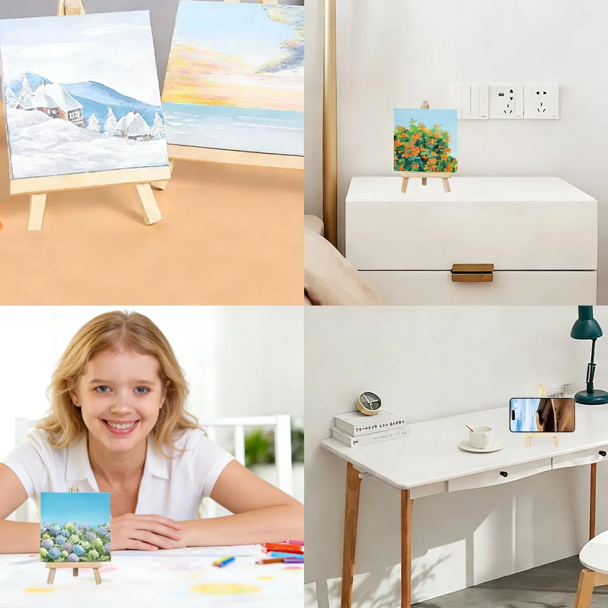 10 Stück Mini Leinwand mit Mini Staffelei, Kleine Leinwände mit Staffelei Klein, 10 Pinseln&12Acrylfarben&7 Farbtablett, 10x10cm Tischstaffelei Holz Leinwand Ständer Set für Malerei zum Zeichnen
