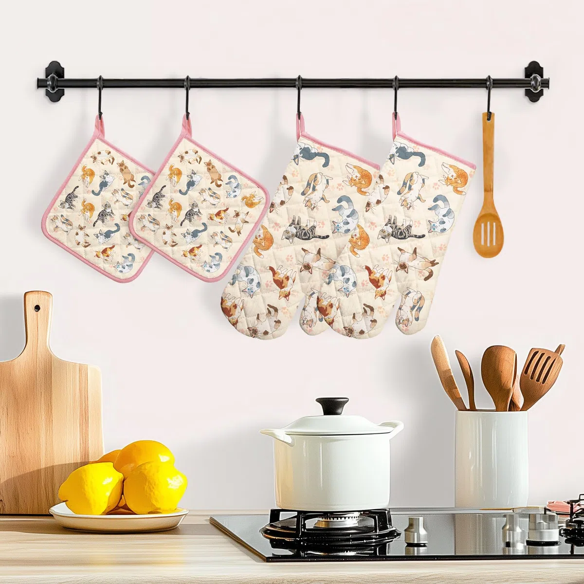 Ofenhandschuh und Topflappen 4er Set, 100% Baumwolle Kochhandschuhe, Hitzebeständiger Küchenhandschuh Zum Kochen Backen Grillen Geschenk, Cartoon-Katze