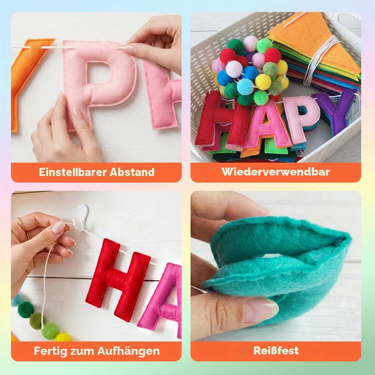 OLANRUN Geburtstagsdeko, Mit Happy Birthday Felt Girlande Sign, Wimpelkette Geburtstag, Pompon Girlande, Wiederverwendbares Regenbogen Happy Birthday Party Deko Banner Für Mädchen Junge Frauen Mann