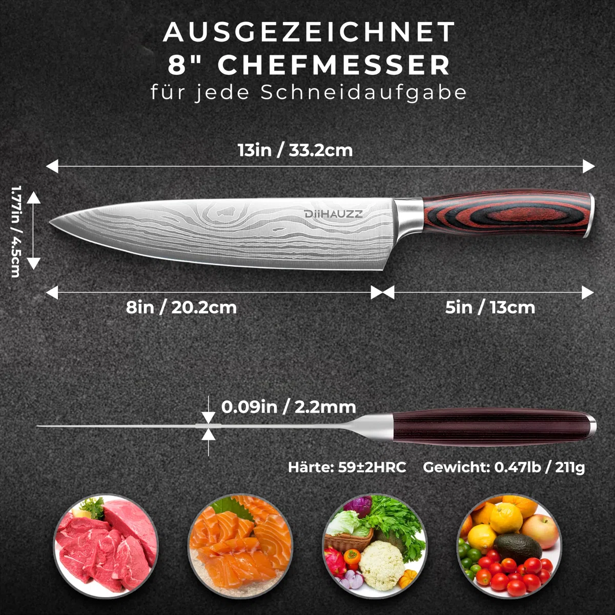 DiiHAUZZ Kochmesser, 20 cm Klingenlänge Fleischmesser, Ultrascharfes Küchenmesser, Messer aus 5Cr15MoV Edelstahl, Allzweckmesser mit Ergonomischem Pakkaholz Griff, für Zuhause, Restaurant