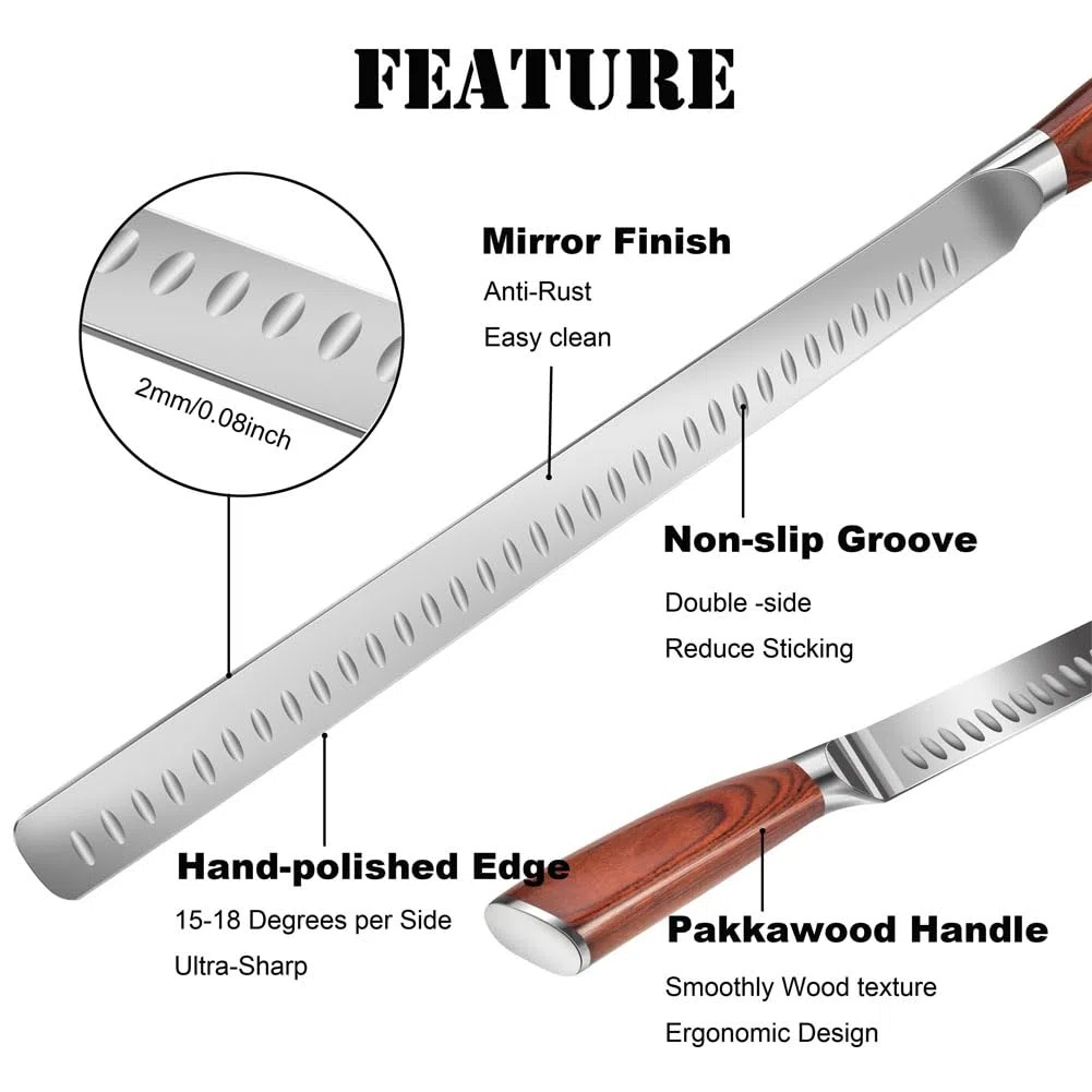 Schinkenmesser Rot Braun 43cm Lachsmesser Extra Scharfe Tranchiermesser Dönermesser Mit Ergonomisches Pakkaholz Griffdesign Küchenmesser Mehrzweck Grillen Camping Kochen Messer BBQ Werkzeug