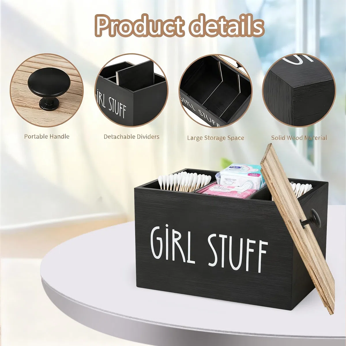 Binden Aufbewahrung Badezimmer, 1 Stück Tampon Aufbewahrungsbox Tamponhalter für Badezimmer mit Deckel Holz Aufbewahrungsbox Hygieneartikel Tampon Aufbewahrungsblock Organizer Schwarz für Frauen