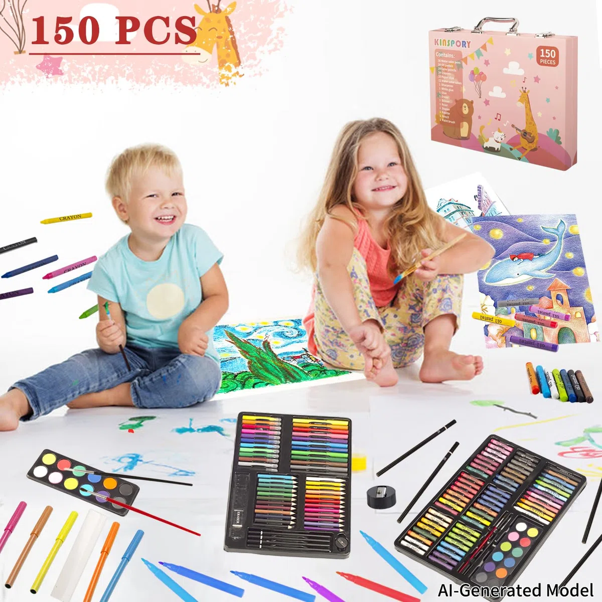 KINSPORY Premium Malkoffer Deluxe 150-teilig Malset für Kinder Anfänger Tolles Buntstifte Set, Wasserfarben, Ölpastellfarbe, zeichenstifte, Bleistifte als Zeichenset Geschenk Kinder