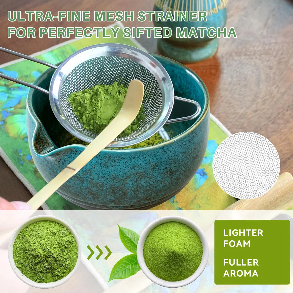 Matcha Set 8-teiliges Premium Tea Set mit Schale mit Ausgießer & Bambus-Chasen (100 Spitzen), Halter, Löffel, Sieb, Tuch – Japanisches Matcha Kit, zeremonielles Starter Set für Matcha-Liebhaber (Blau)