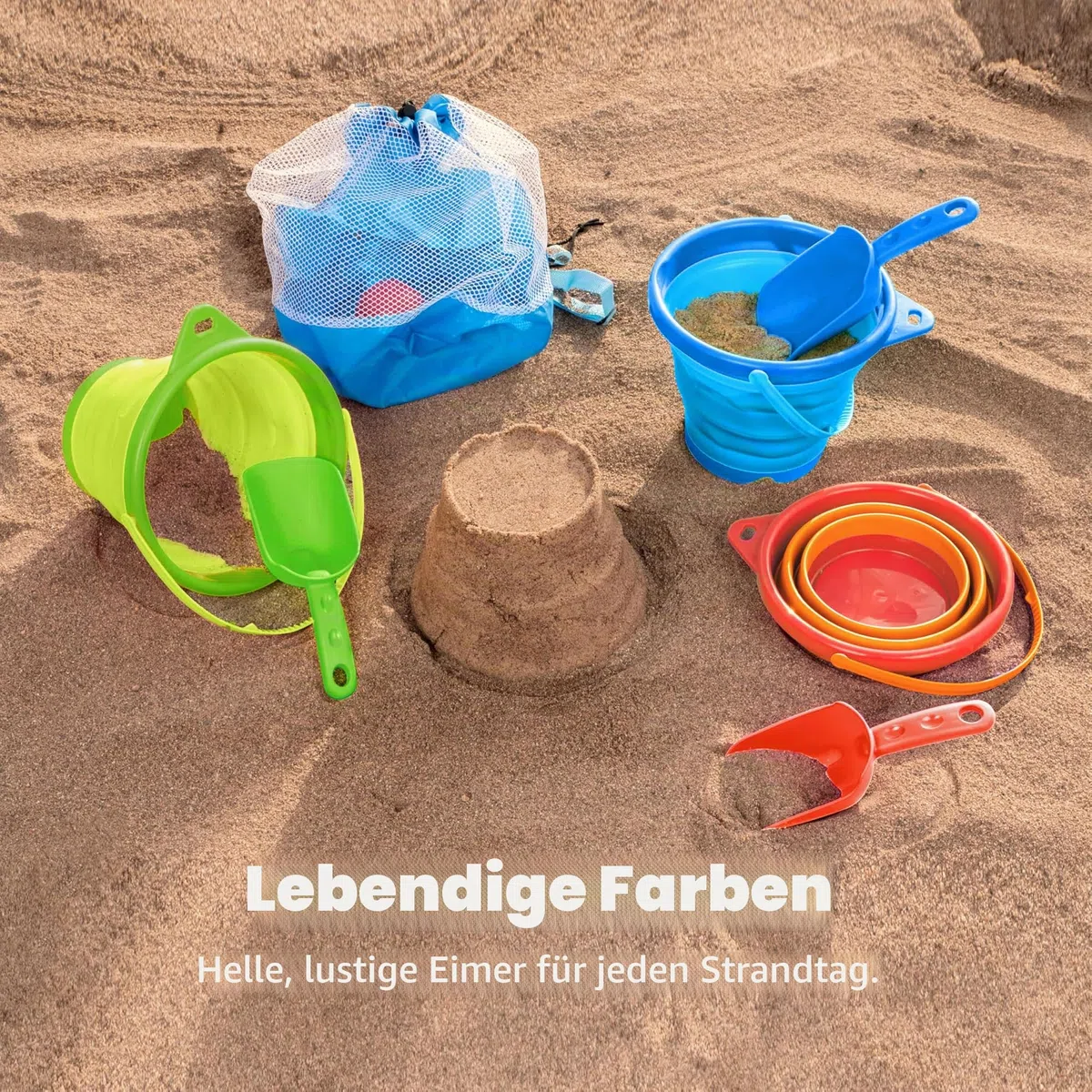 JOYIN 3 Pack Runde, Faltbare Eimer mit Schaufeln und Netzbeutel, Faltbare Eimer für Verschiedene Zwecke am Strand (Orange/Blau/Grün)