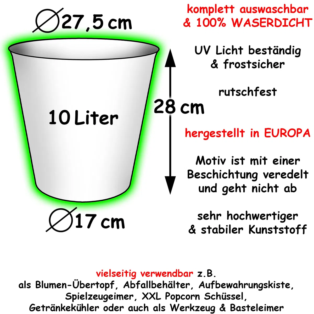 alles-meine.de GmbH Papierkorb Modell wählbar 10 Liter - wasserdicht - 28 cm - aus Kunststoff Fußball Eimer - Spielzeugkorb/Popcornschüssel/großer Mülleimer - auch al..