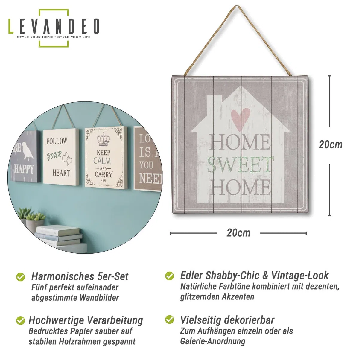 levandeo 5er Set Wandbilder 20x20cm Motivationsbilder Shabby Chic Vintage Home Deko Sprüche Wanddeko Kordel Glitzer