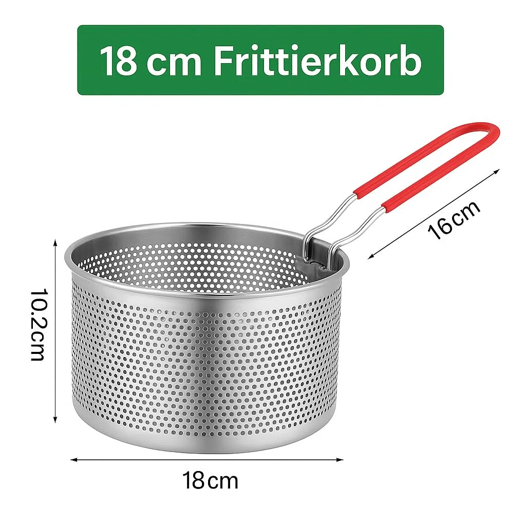 Edelstahl Frittierkorb mit abnehmbaren–pasta sieb für topf,edelstahl siebkorb & frittiersieb–frittierkorb für topf für Küche,Pommes,Gemüse & Nudeln–platzsparend (18 cm)