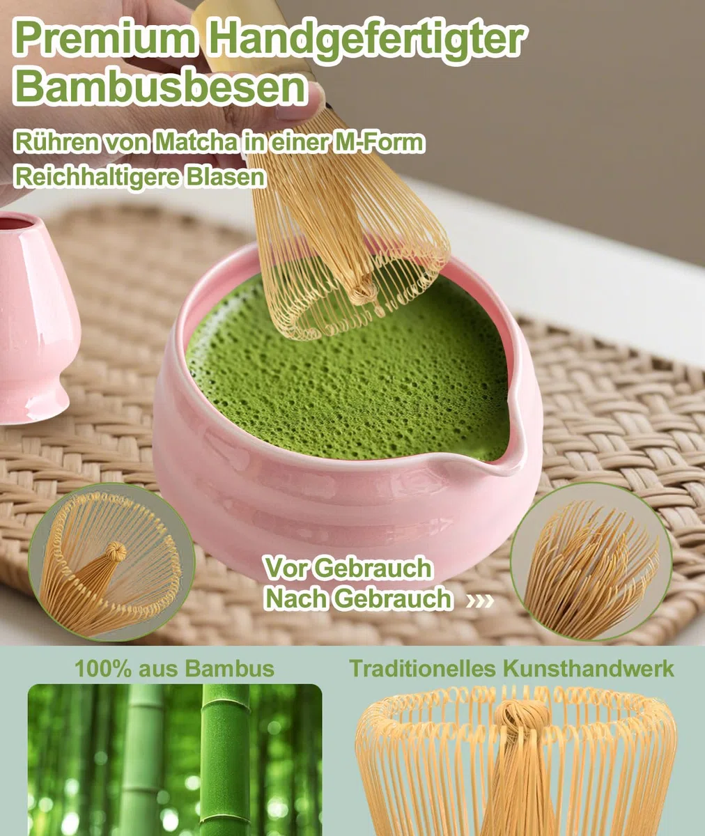 JBER Matcha Besen Set, Matcha Set Rosa 7-Teiliges - Bambus Matcha Besen und Besenhalter, Matcha Schale mit Auslauf, Sieb, Löffel und Halter, Japanisches Matcha Tee Set für Matcha-Liebhaber - Pink