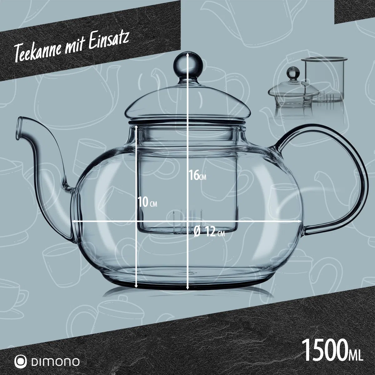 Mundgeblasene Teekanne mit Teefilter & Teesieb Kanne mit Filtereinsatz aus Glas von Dimono; 1500 ml