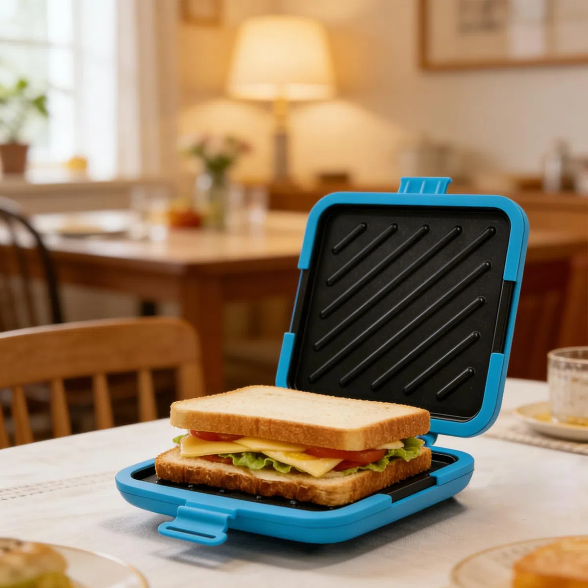 Sandwichmaker Mikrowellen, Silikon Sandwichtoaster 16 x 16 cm, Kontaktgrill Abnehmbare Platten und Silikonschale, Plattengriller zum Bacon Sandwich Panini Grillen Toastie (Blau)