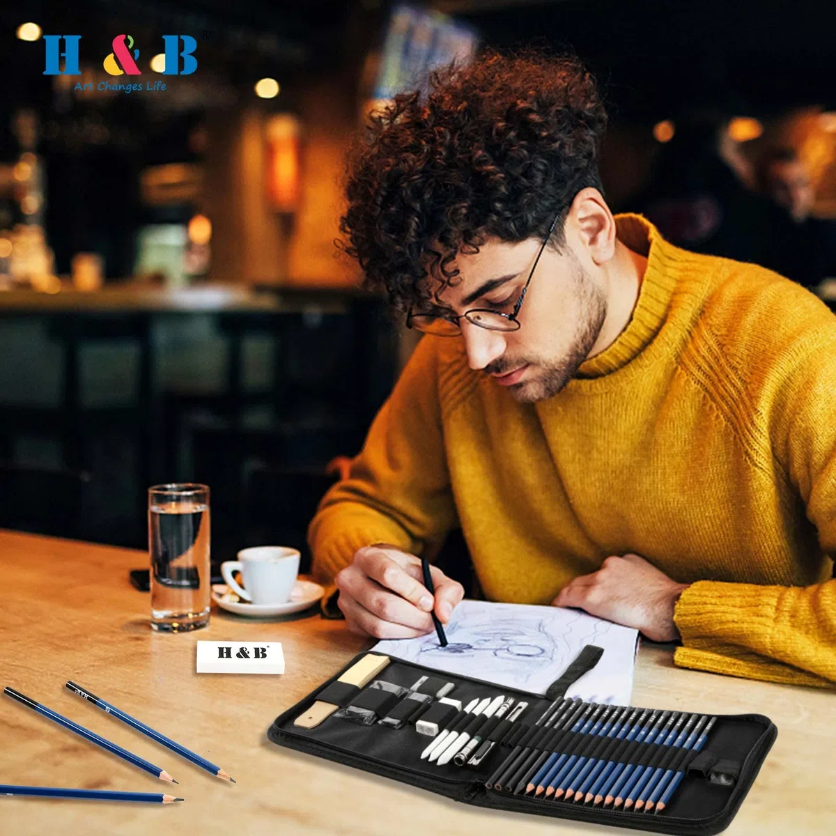 H & B Professionelle Zeichensets Skizzierstifte Zeichnung Bleistifte Werkzeug Geeignet für Künstler Student Lehrer Anfänger(inkl. Skizzenbuch 33Stück) Profi Art Set mit und Kit Bag