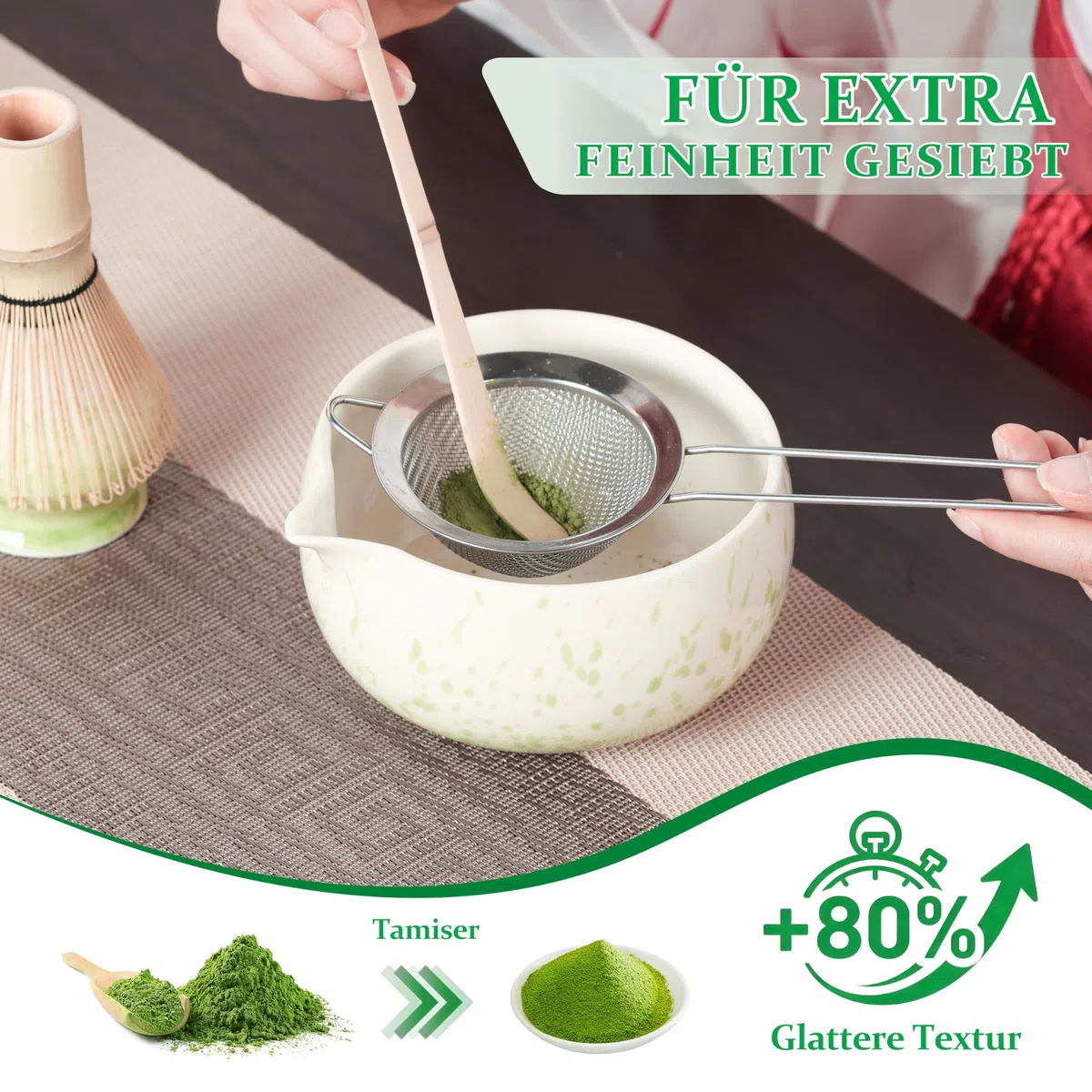 Matcha Set Beige Grün, 5-teiliges Matcha Besen Set,Premium Starter Set für Anfänger, Matcha Tee Set mit Sieb Chawan und Besen, Zubehör für das Matcha Tea Set Green/Rosa/Pink/Black