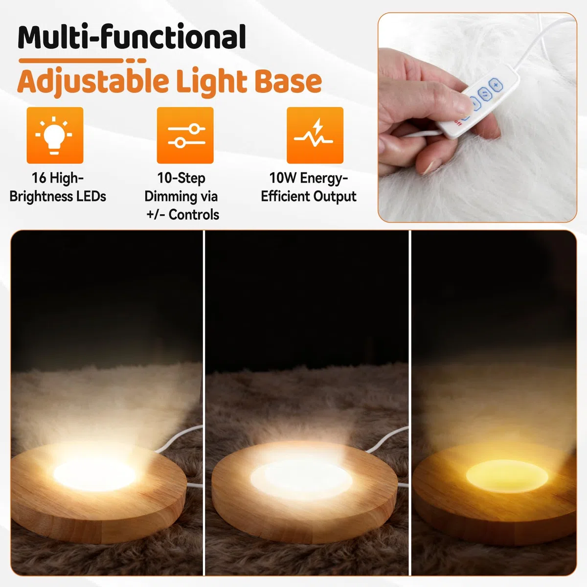 LED-Display-Ständer aus Holz, 15 cm, rund, mit 3 Leuchtmodi, USB-Kristall-Display-Basis, Holzsockel für Kristallglas, Harz, Kunst, Schmuck, Acryl (Holz), 2 Stück