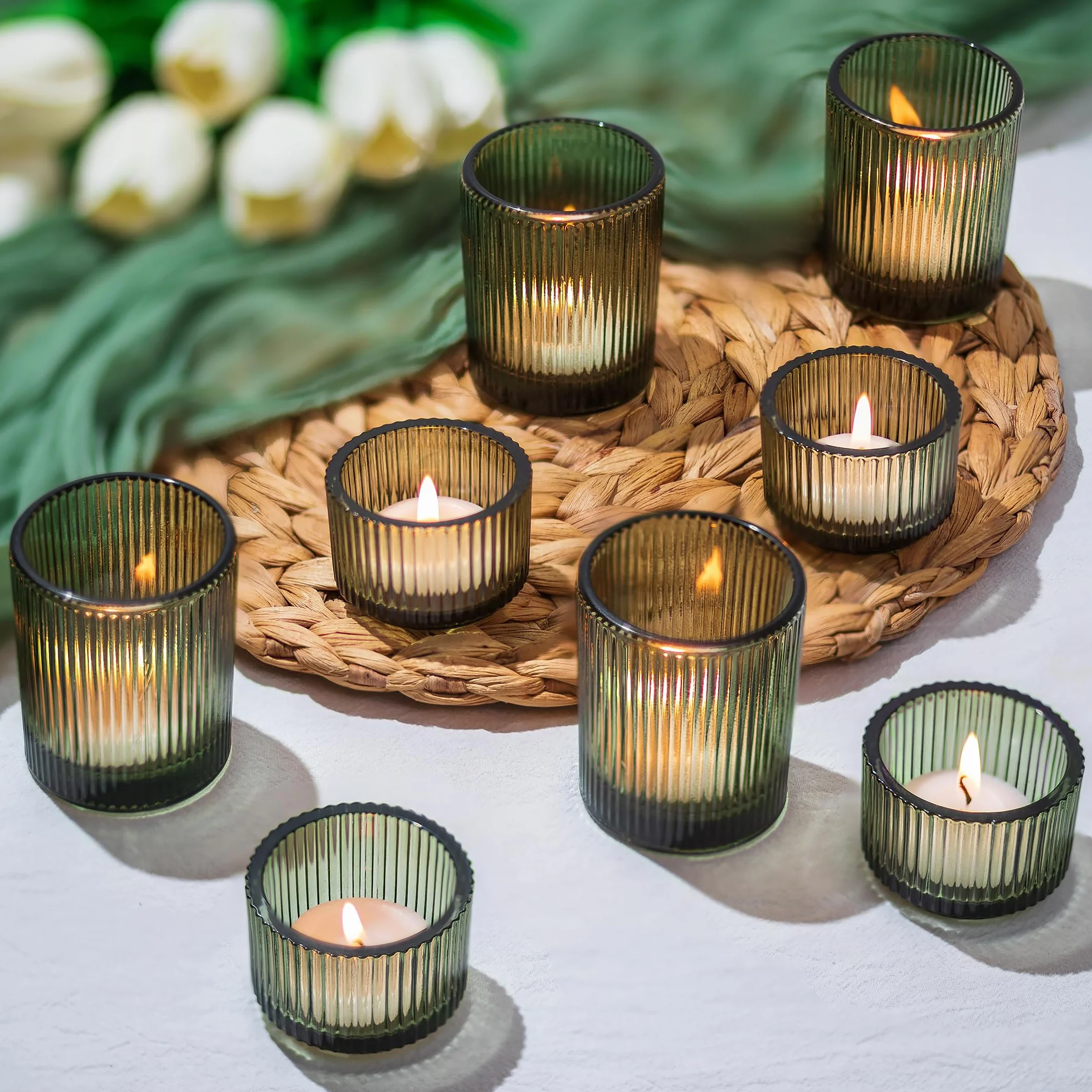 Glasseam Teelichtgläser Grün Teelichthalter Glas: 8er Set Teelichtglas Gerippt Teelicht Gläser für Tischdeko Klein Kerzengläser Votivkerzenhalter für Tisch Weihnachten Hochzeit Deko