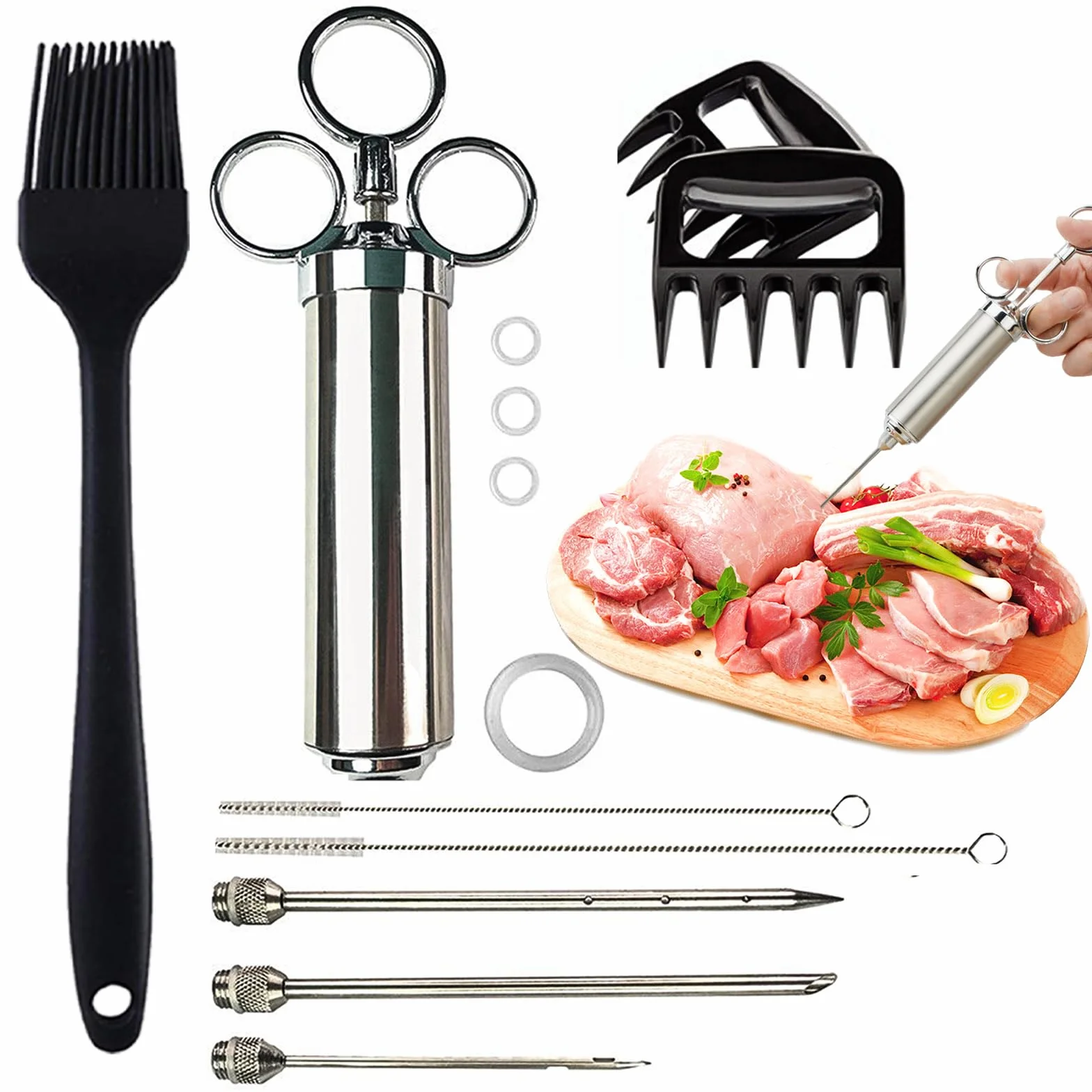 60 ml Edelstahl Fleischinjektor mit 3 Nadeln – Grill-Marinadenspritze, Truthahnspritze für Rind, Huhn und Schweinefleisch, spülmaschinenfest, leicht zu reinigen