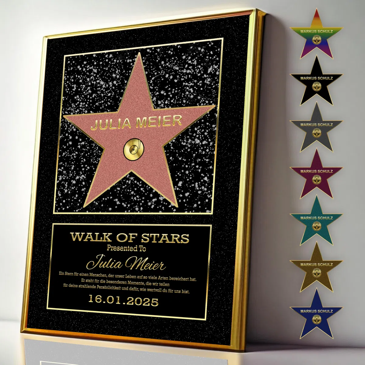 DUOMIO HOLLYWOOD Walk of Fame Stern, personalisierte Urkunde optional mit Rahmen | 3 Größen, Design, Thema, Text, Hintergrundfarbe frei-wählbar| Premium-Papier-Druck| Geschenke Mann/Frau