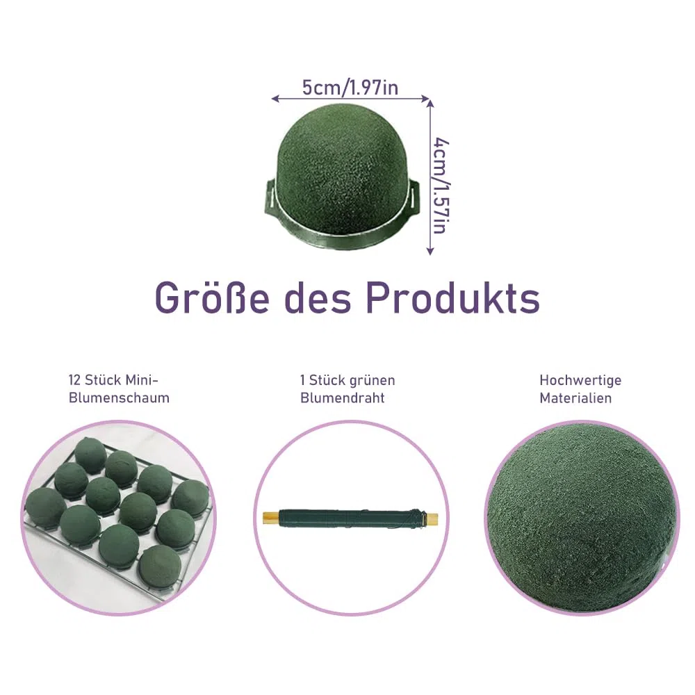 12 Stück Runde Blumensteckschaum, Mini Steckschaum für Blumen mit Grünem Draht, Nasssteckschaum Set für Steckmasse Hochzeitstisch Weinflaschen Partydekoration DIY