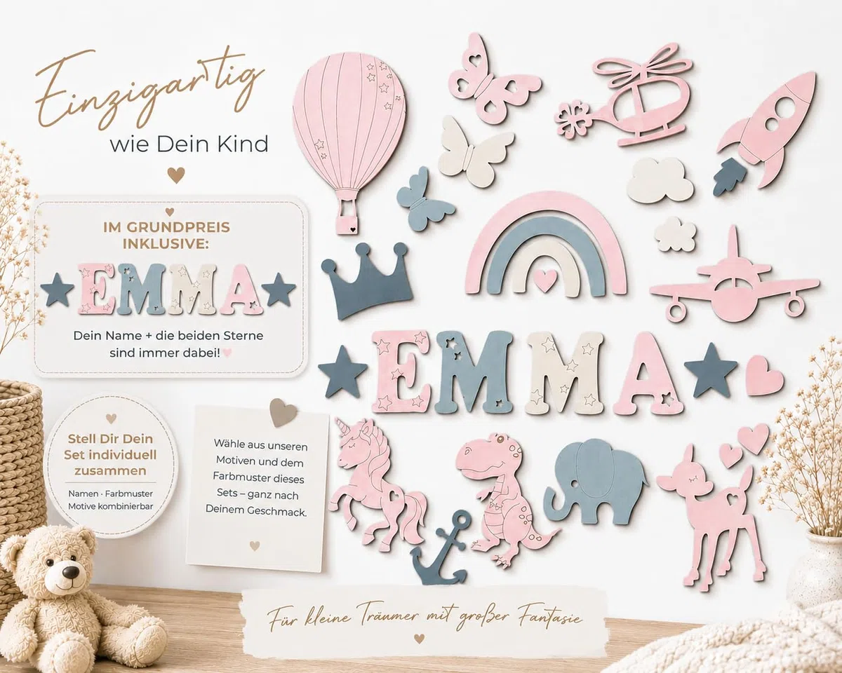 Traumwelten-Zimmermann Holzbuchstaben Kinderzimmertür – Personalisierter Name aus Holz für Tür & Wand – Babyzimmer Wanddeko – Geschenk zur Geburt, Taufe & Geburtstag