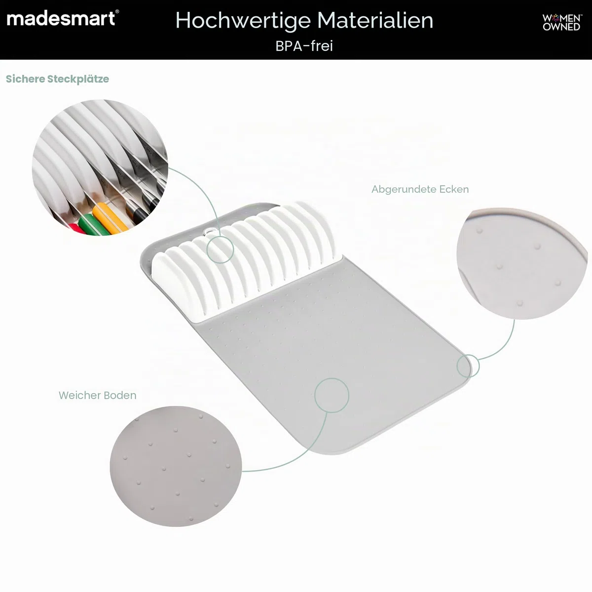 madesmart 29002 Klassische große Messermatte Weicher, rutschfester Schubladen-Organizer, langlebige Organisation zu Hause, BPA-frei, Kunststoff, Weiß/Grau