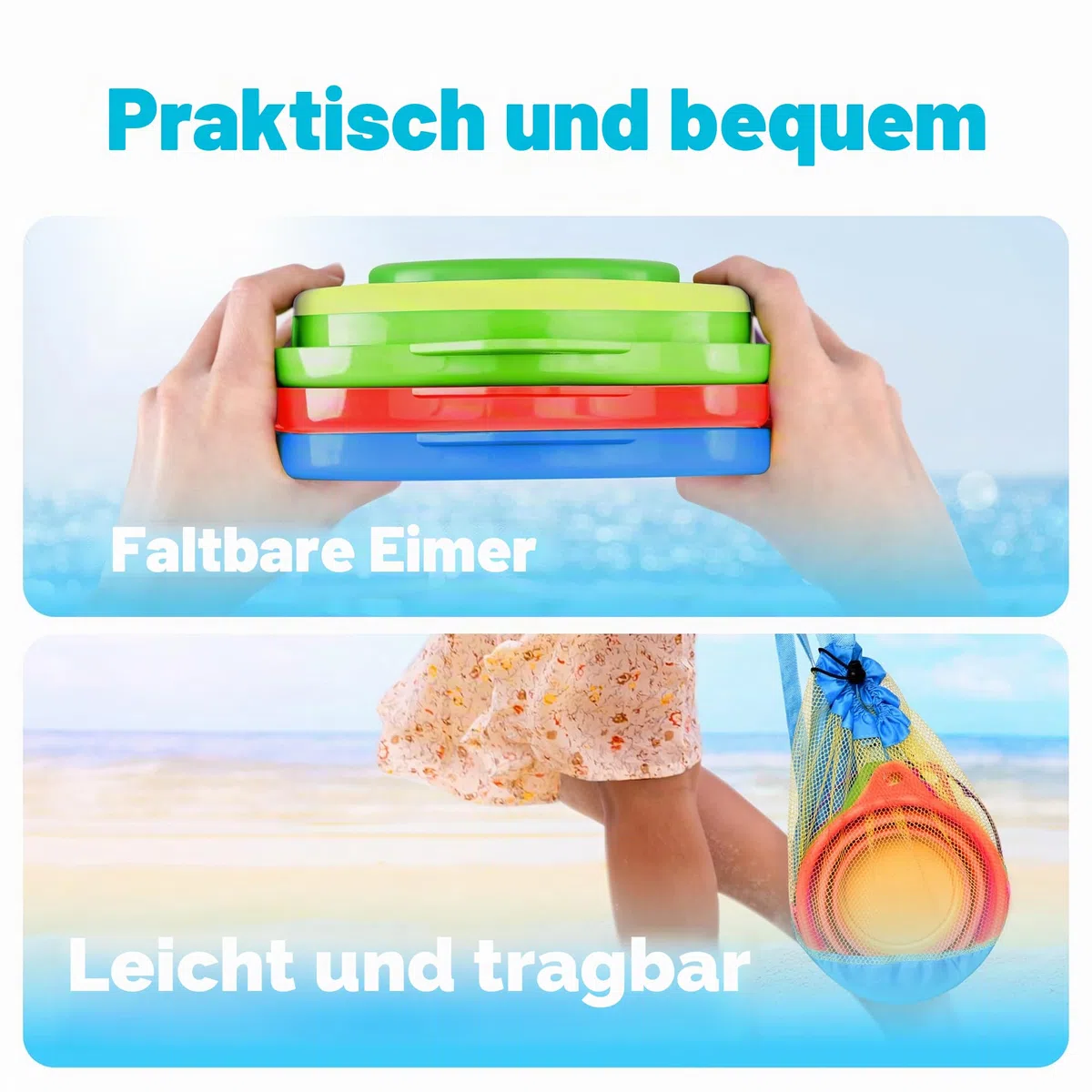 JOYIN 3 Pack Runde, Faltbare Eimer mit Schaufeln und Netzbeutel, Faltbare Eimer für Verschiedene Zwecke am Strand (Orange/Blau/Grün)