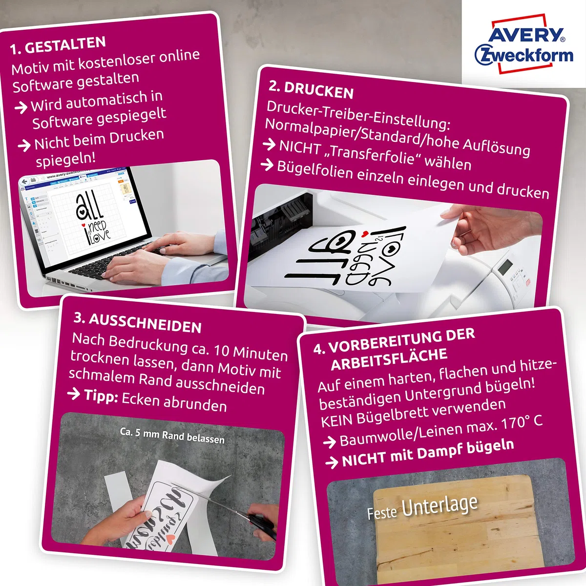 AVERY Zweckform 20 Textilfolien, T-Shirt selbst gestalten, T-Shirt bedrucken (Bügelfolie, helle Textilien, DIN A4, bedruckbare T-Shirt Folie zum Aufbügeln, Transferfolie für Inkjet-Drucker) MD1010