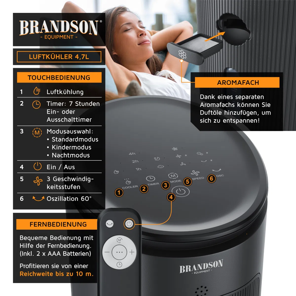 Brandson - Luftkühler mit Wasserkühlung - Preisträger 2025 - Verdunstungskühler - Luftkühler - Ventilator - mobile Klimaanlage ohne Abluftschlauch - leise - Turmventilator