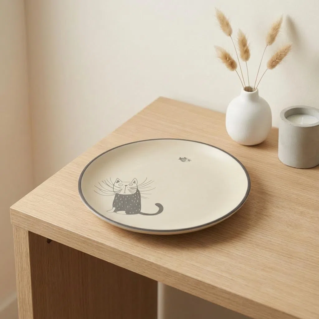 Dekorativer Teller mit Katzenmotiv aus Keramik - Ms. Meow und Bubbles - verspielt & modern – Für Tisch, Regal & Wohnraum Dekoration, Geschenkidee für Katzenliebhaber, Elfenbeinweiß, 20 cm